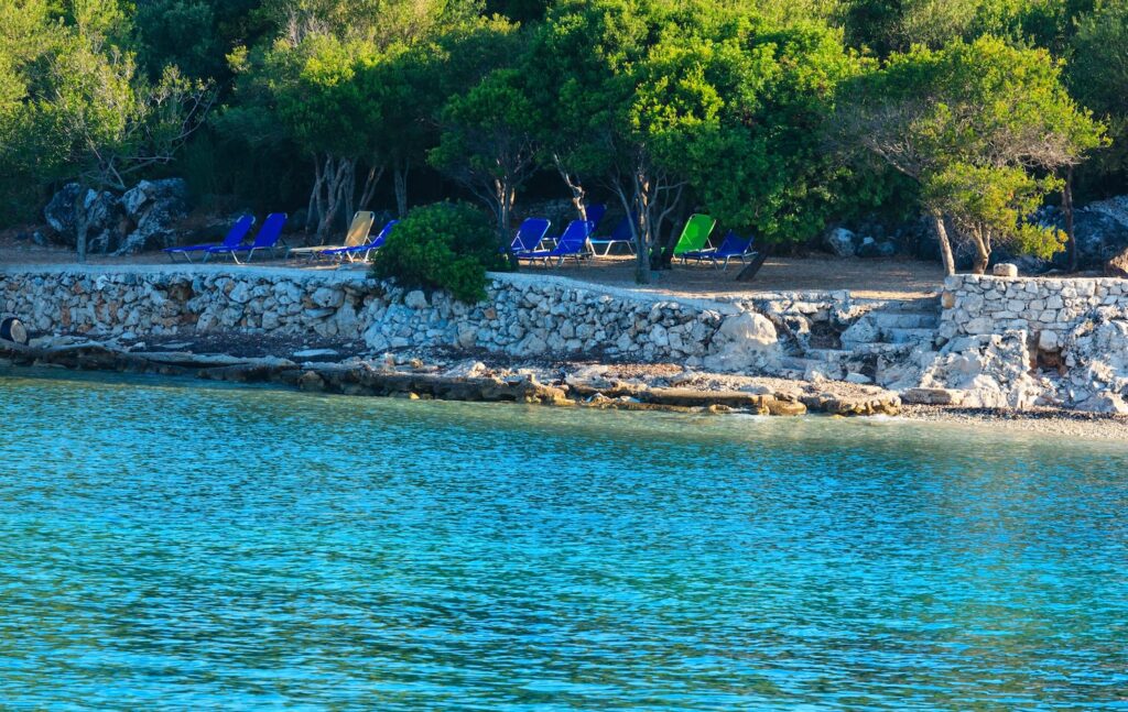 Beautiful Ionian Sea morning summer coast view from beach (Ksamil, Albania).