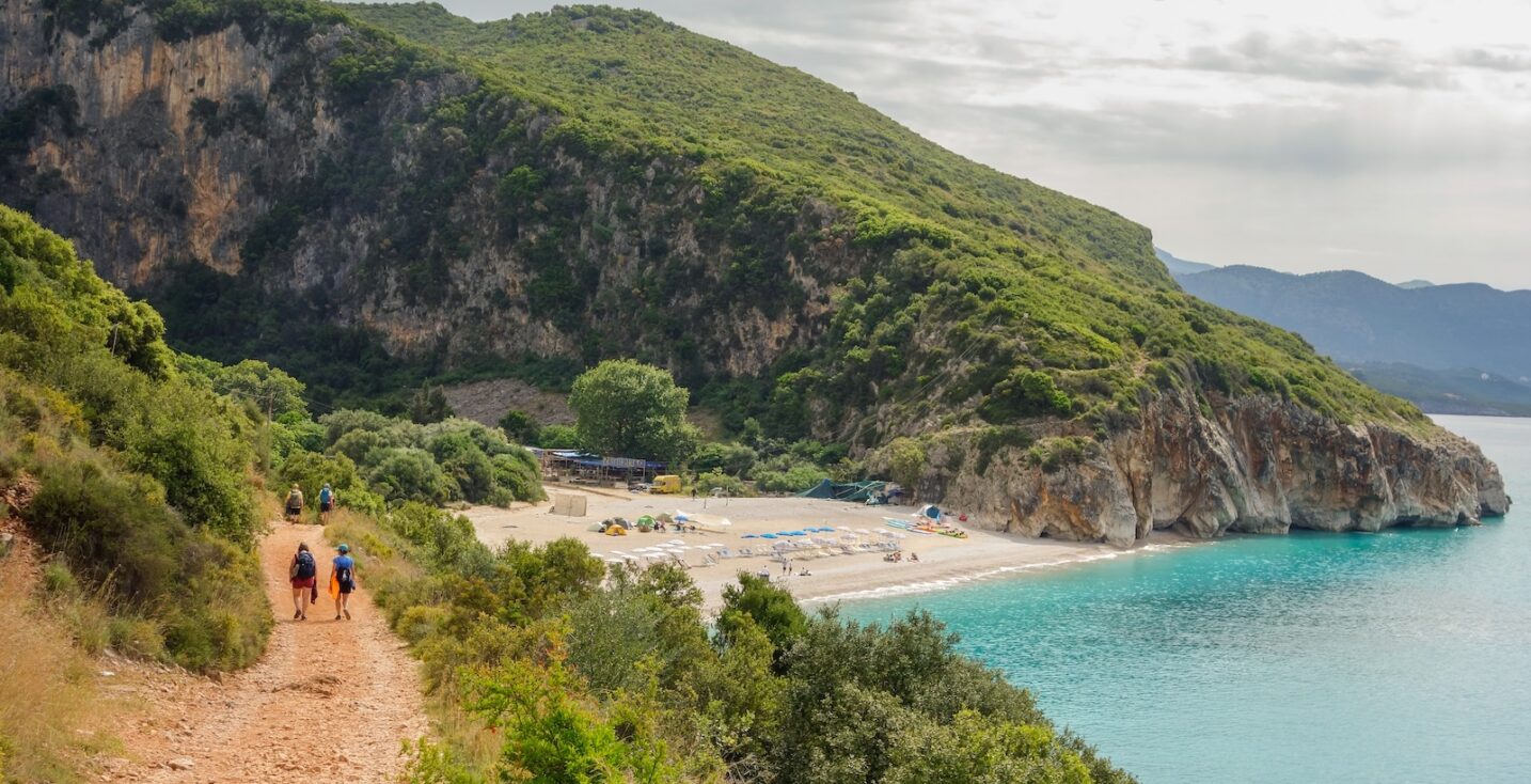 hiking trail to Gjipe Beach in Dhermi, Albanian riviera, Ionian sea.