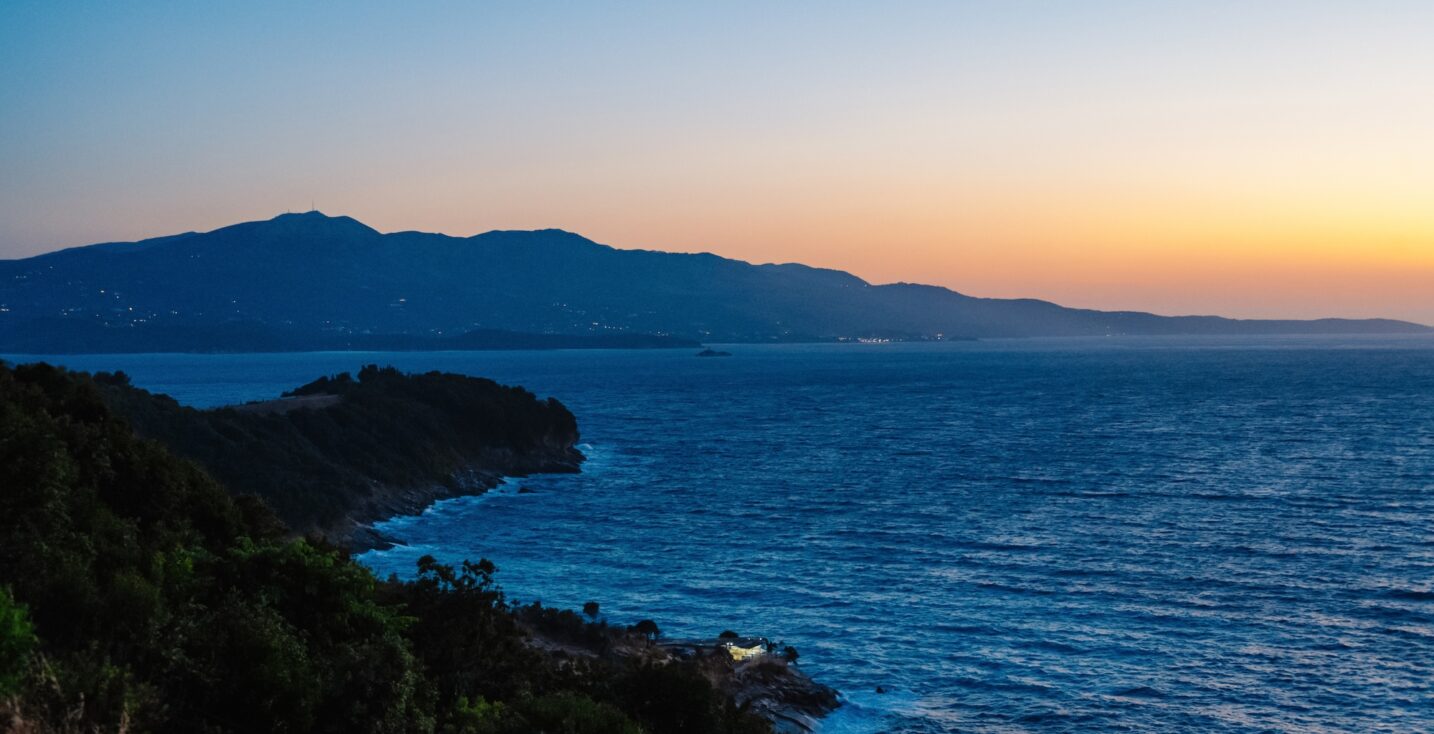 Albania riviera. Beach on coast of Ionian Sea in Albania, Ksamil, near Greece island Korfu. Shpella e Pëllumbave beach