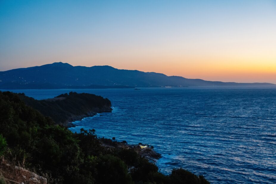 Albania riviera. Beach on coast of Ionian Sea in Albania, Ksamil, near Greece island Korfu. Shpella e Pëllumbave beach